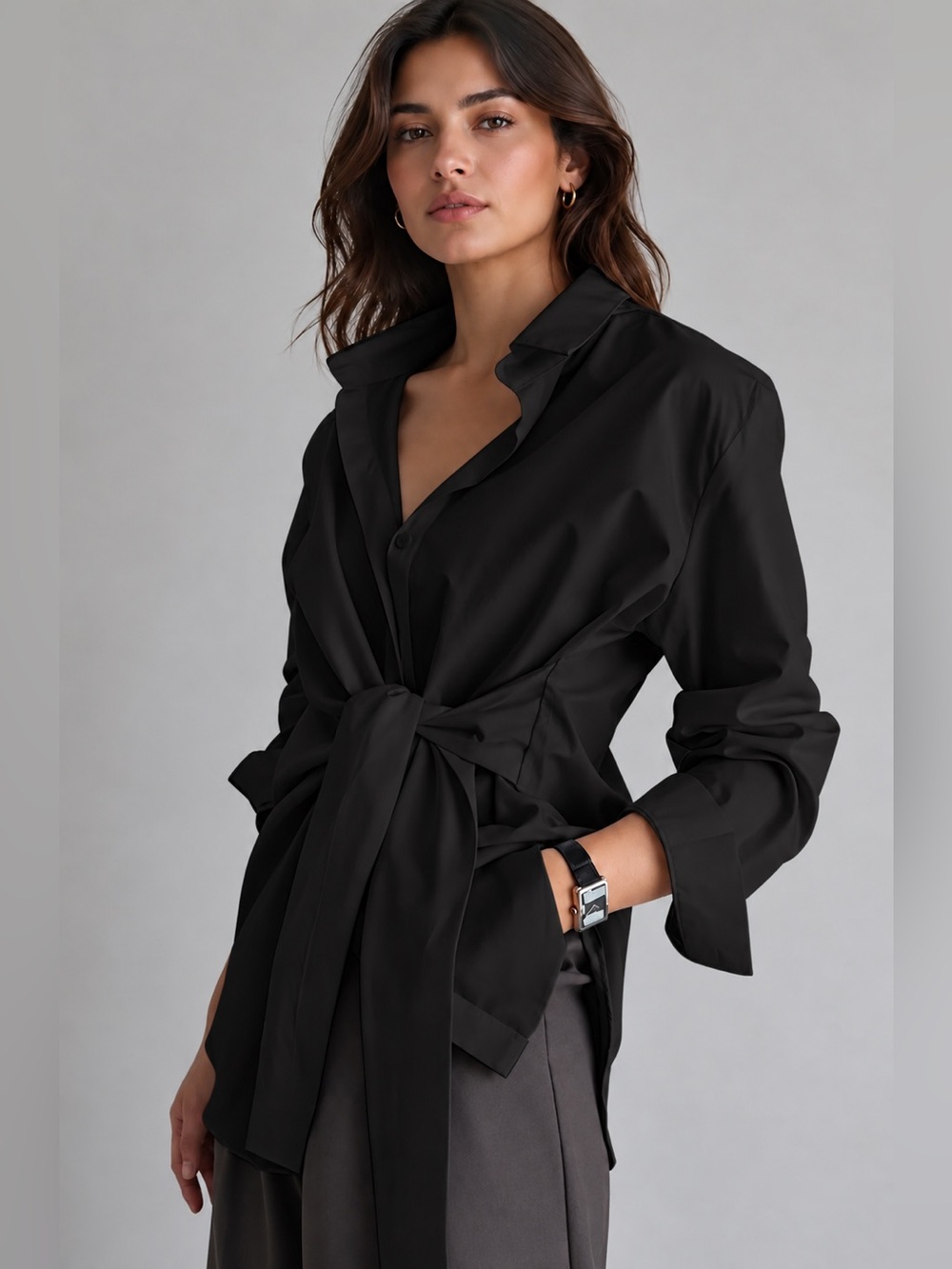 COMMENSE SEMI SHEER Women’s Black BUTTON DOWN Tie-Front long shirt
